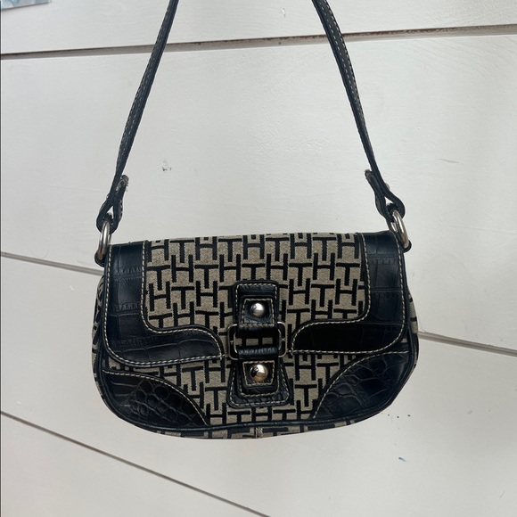 Tommy Hilfiger Handbags - Tommy Hilfiger Woven Monogram Canvas Shoulder Bag with Black Trim